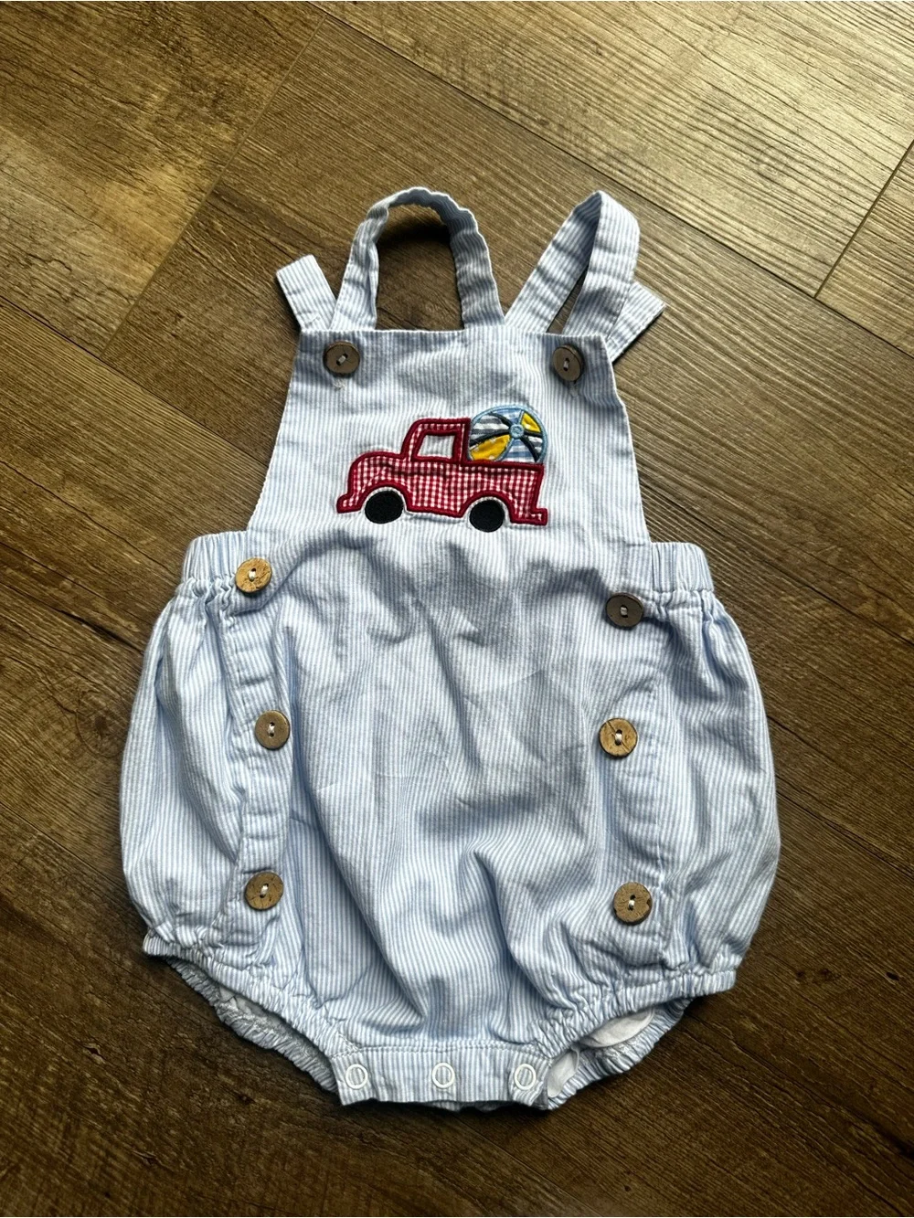 Cactus Light Blue Pinstripe Romper with Red Truck Applique